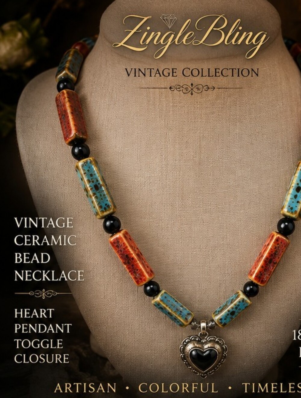 Vintage Handmade Artisan Ceramic Bead Necklace W/Black Stone Heart Pendant